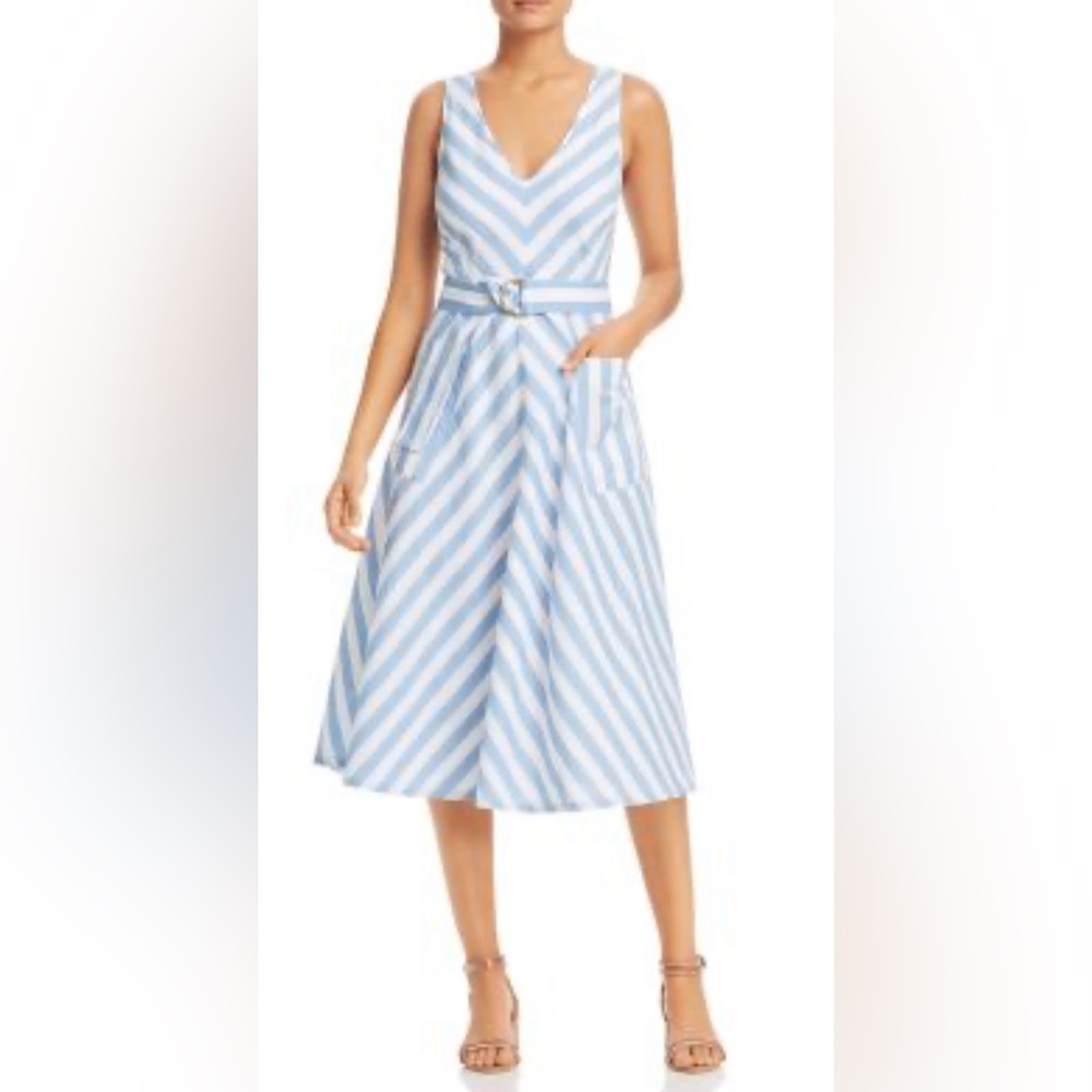 Kate Spade Blue White Diagonal Stripe Fit And Flare Midi Dress Linen Blend Sz 2